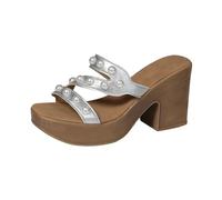 Clearance UK 6 Women's Pearl Platform Chunky High Heels Square Open Toe Strappy Slip on Slides Sandals Silver Footwear Sandles Sandalias