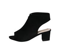 Clearance UK 7.5 Women Heeled Sandals Peep Toe Low Chunky Block Heels Front Zipper Boots Slingback Shoes Dressy Summer Casual #1_Black