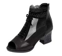 Clearance UK 7 Ladies Peep Toe Zip Heeled Boots Womens Rhinestone Glitter Low Mid Block Mesh Sheer Comfy Office Formal Work Party Occasion Heeled Open Toe Shoes Black Footwear