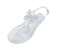 Clearance UK 7 Women's Jelly Sandals Glitter Diamond Beaded Transparent Toepost Thong Strap Sandal Jelly Flip Flops Beach Flat Thong Sandals with Buckle Ankle Strap 003_Clear Footwear