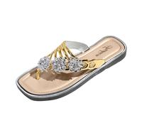 Clearance UK 7 Women's Sparyly Flip Flops with Square Toe Diamond Glitter Dressy Slip on Summer Cute Flat Thong Sandals Gold Footwear Sandle