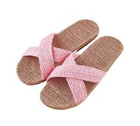 Clearance UK 8.5 Natural Raffia Sandals for Women Men Summer Slippers Slip on Sandals Slides Casual Flip Flops Summer Open Toe Mule Moisture Wicking Flax Sole Indoor House Slippers Sandles 002_Pink