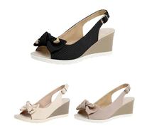 CLEARANCE UK Women's Peep Toe Bow Slingback Low Wedge Sandals,Adjustable Buckle Ankle Strap Sandals Comfort Slip on Summer Shoes for Ladies Deals
