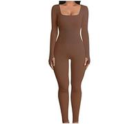 Clearance Women Yoga Jumpsuits Sexy Ribbed Knit Romper Long Sleeve Playsuit Square Collar Overall Trousers Long Pants Sexy Dungarees All in One Gym Wear Skinny Stretch Bodysuit Plus Size