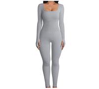 Clearance Women Yoga Jumpsuits Sexy Ribbed Knit Romper Long Sleeve Playsuit Square Collar Overall Trousers Long Pants Sexy Dungarees All in One Gym Wear Skinny Stretch Bodysuit Plus Size