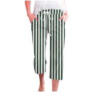Clearance Womens 3/4 Length Pants Ladies Stripe Cropped Capri Trousers Elasticated Waist Bottoms Drawstring Shorts Straight Leg Activewear with Pockets Soft Cotton Joggers Summer Pull On Sweatpants