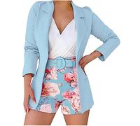 Clearance Womens 3 Piece Blazer Set Ladies Formal Office Work Business Blazer Long Sleeve Open Front Cardigan Coat Floral Print Shorts Suits with Belt Wedding Guests Casual Smart Suit Set Sky Blue