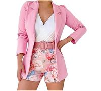 Clearance Womens 3 Piece Blazer Set Ladies Formal Office Work Business Blazer Long Sleeve Open Front Cardigan Coat Floral Print Shorts Suits with Belt Wedding Guests Casual Smart Suit Set Pink