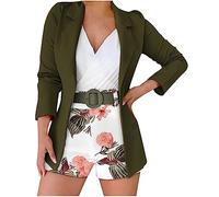 Clearance Womens 3 Piece Blazer Set Ladies Formal Office Work Business Blazer Long Sleeve Open Front Cardigan Coat Floral Print Shorts Suits with Belt Wedding Guests Casual Smart Suit Set Army Green