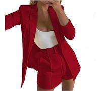 Clearance Women's 3 Piece Office Work Suit Set Long Sleeves Blazer +Shorts with Belt Solid Casual Suit Set Lapel Front Open Blazer Cardigan Jackets Ladies Elegant Short Suits Comfortable Suits Red