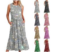 Clearance Women's Casual Sleeveless Dress Crewneck A Line Dress Plus Size Swing Dress Vintage Bohemian Loose Dresses Floral Maxi Long Dress Pageant Prom Ball Gowns Cocktail Dresses UK Size