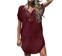 Clearance Womens Lace Swim Dresses Ladies Modest Swimwear Beach Cover Up Hollow Out Swimsuit Tummy Control Swimdress V Neck Dress Vintage Swimming Costume Plus Size Swimming Dresses Beachwear Red