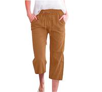 Clearance Womens Linen 3/4 Length Trousers Drawstring High Waist Capris Solid Color Cropped Pants Casual Short Trouser Three Quarter Pull On Cut Off Gym Running Pant Loose Fit Bottoms with Pockets