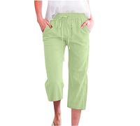 Clearance Womens Linen 3/4 Length Trousers Drawstring High Waist Capris Solid Color Cropped Pants Casual Short Trouser Three Quarter Pull On Cut Off Gym Running Pant Loose Fit Bottoms with Pockets