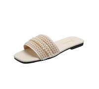 Clearance Womens Pearl Sandals Ladies Wide Fit Sliders Flat Slippers Open Toe Slides Soft Cushion Footbed Shoes Comfortable Lightweight Sandal Bohemian Slider Holiday Dressy Party Slipper Plus Size