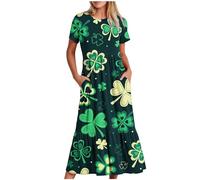 Clearance Womens St. Patrick's Day Dress with Pocket Ladies Short Sleeve Green Midi Dress Irish Fancy Dress Lucky Shamrock Clover Printed Dresses A Line Skirt Evening Prom Swing Dress Casual Skirt