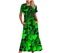 Clearance Womens St. Patrick's Day Dress with Pocket Ladies Short Sleeve Green Midi Dress Irish Fancy Dress Lucky Shamrock Clover Printed Dresses A Line Skirt Evening Prom Swing Dress Casual Skirt