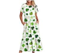 Clearance Womens St. Patrick's Day Dress with Pocket Ladies Short Sleeve Green Midi Dress Irish Fancy Dress Lucky Shamrock Clover Printed Dresses A Line Skirt Evening Prom Swing Dress Casual Skirt