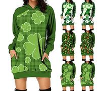 Clearance Women's St. Patrick's Day Hooded Dress with Pullover Pocket St Patrick's Day Fancy Dress Women Long Sleeve Loose Dress Ladies Ireland Clover Print Swing Bodycon Skirt Cocktail Festive Gift