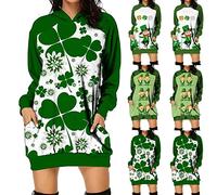 Clearance Women's St. Patrick's Day Hooded Dress with Pullover Pocket St Patrick's Day Fancy Dress Women Long Sleeve Loose Dress Ladies Ireland Clover Print Swing Bodycon Skirt Cocktail Festive Gift