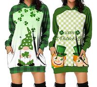 Clearance Women's St. Patrick's Day Hooded Dress with Pullover Pocket St Patrick's Day Fancy Dress Women Long Sleeve Loose Dress Ladies Ireland Clover Print Swing Bodycon Skirt Cocktail Festive Gift