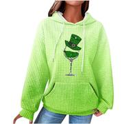 Clearance Women's St. Patrick's Day Hoodie Jumper Leprechaun Hat Wine Glass Printed Sweatshirts Irish Shamrock Sweatshirt Ladies Long Sleeve Hooded Pullover Ireland Paddy's Day Outfits Tops Plus Size