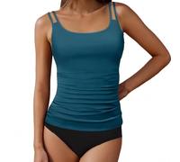 Clearance Women's Two Piece Tankini Set Ladies Padded Swimming Costume Ruched Tummy Control Swimsuit Double Shoulder Straps Swimwear Round Neck Bathing Suit with Swim Shorts Modest Bikini