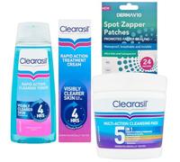 Clearasil Skin Routine Kit | 1x 5-In-1 Multi-Action Cleansing Salicylic Acid Pads |1x Rapid Action Clearing Toner & 1x Treatment Cream | 24 Invisible spot patches | Unblock Pores, Prevent spots