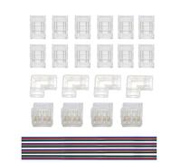 Clearhill 10mm 4Pin 24Pcs Transparent Solderless COB LED Strip Connector Corner Kit,Strip to Wire 4P,Strip to Strip 12P,L-Shape 4P,Red and Black Wire 4P,for Double Color 5V/12V/24V LED Strips.