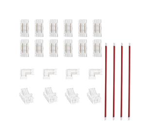 Clearhill 5mm 2Pin 24Packs Transparent Solderless COB LED Strip Connector Corner Kit,Strips to Wire 4Pcs,S to S 12Pcs,L-Shape and Red and Black Wire 4Pcs,for 5V 12V 24V LED Strips