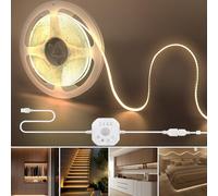 Clearhill 5V USB COB LED Strip Light with Motion Sensor & Remote Control,9.84FT/3M,Warm White 3000K,8mm Width,Day or Night 2 Lighting Modes,Time-delay and Brightness Adjustable,for Closet,Kitchen