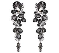 Clearine Bohemian Boho Statement Crystal Diamante Teardrop Cluster Long Drop Clip-On Chandelier Dangle Earrings Wedding Bridal Costume Jewellery Grey Silver-Tone
