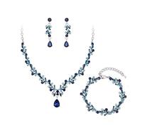 Clearine Bridal Jewellery Set for Women, Shiny Rhinestone Teardrop Leaf Cluster Statement Necklace Dangle Drop Earrings Link Bracelet for Wedding Party Prom Accessories Sapphire Silver-Tone