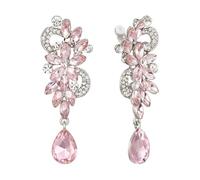 Clearine Clip-On Bohemian Boho Crystal Flower Wedding Bridal Chandelier Teardrop Dangle Earrings for Women Pink Silver-Tone