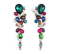 Clearine Clip-On Bohemian Boho Multiple Teardrop Crystal Chandelier Long Dangle Earrings Wedding Jewellery for Brides Multicolour Silver-Tone