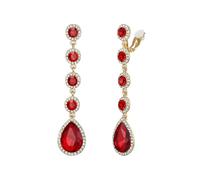 Clearine Clip on Earrings for Women, Gorgeous Shiny Rhinestones Crystal Teardrop Chandelier Long Dangle Earring for Wedding Party Prom Jewellery Red Gold-Tone