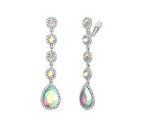 Clearine Clip on Earrings for Women, Gorgeous Shiny Rhinestones Crystal Teardrop Chandelier Long Dangle Earring for Wedding Party Prom Jewellery Iridescent AB Silver-Tone