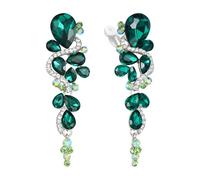 Clearine Clip-On St Patricks Chandelier Earrings, Wedding Bridal Statement Bohemian Boho Crystal Teardrop Cluster Long Drop Dangle Earring Costume Jewellery Emerald Silver-Tone