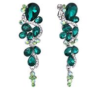 Clearine Clip-On St Patricks Costume Jewellery Wedding Bridal Statement Bohemian Boho Crystal Diamante Teardrop Cluster Long Drop Dangle Chandelier Earrings Emerald Colour Silver-Tone