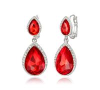 Clearine Clip on Teardrop Crystal Earrings, Stunning Statement Dangle Earrings Wedding Prom Jewellery for Women Brides Bridesmaid Ruby Gold-Tone