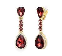 Clearine Crystal Teardrop Dangle Round Crystal Clip-On Earrings for Women Costume Statement Wedding Bridal Jewellery Red Garnet Colour Gold-Tone