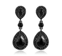 Clearine Double Diamante Crystal Gemstone Teardrop Dangle Pierced Earrings for Women, Statement Costume Wedding Jewellery Black Tone