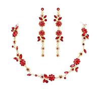 Clearine Flower Jewellery Set for Women, Gorgeous Stunning Crystal Elegant Floral Marquise Cluster Statement Necklace Long Dangle Drop Earrings Party Prom Accessories Red Gold-Tone