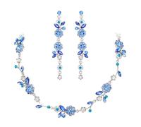 Clearine Flower Jewellery Set for Women, Gorgeous Stunning Crystal Elegant Floral Marquise Cluster Statement Necklace Long Dangle Drop Earrings Party Prom Accessories Blue Silver-Tone