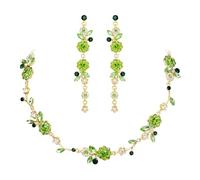 Clearine Flower Jewellery Set for Women, Gorgeous Stunning Crystal Elegant Floral Marquise Cluster Statement Necklace Long Dangle Drop Earrings Party Prom Accessories Green Gold-Tone