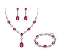 Clearine Gemstone Diamante Teardrop Wedding Bridal Costume Statement Y-Necklace Dangle Earrings Tennis Bracelet Set for Women Pink Gems