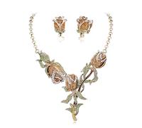 Clearine Gorgeous Jewellery Set for Women, Stunning Crystal Rose Flower Leaf Cluster Statement Necklace Dangle Drop Earrings Gifts for Party Prom Accessories Brown Antique-Gold-Tone