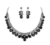 Clearine Gorgeous Jewellery Set for Women, Stunning Shiny Crystal Teardrop Cluster Statement Necklace Dangle Drop Earrings Set for Wedding Party Prom Black Silver-Tone