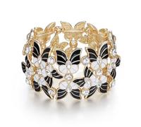 Clearine Gorgeous Shiny Enamel Butterfly Crystal Marqiuse Stretch Bangle Bracelet for Women Bridal Wedding Party Prom Jewellery Accessories Black Gold-Tone