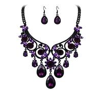 Clearine Halloween Costume Jewellery Diamante Crystal Gemstone Tribal Ethnic Chunky Wedding Bridal Statement Necklace Dangle Earrings Set Amethyst Colour Black-Tone